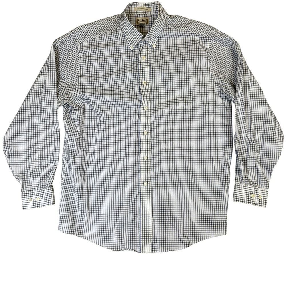 LL Bean Mens Large Regular Wrinkle Resistant Cotton Tattersall Shirt Blue White